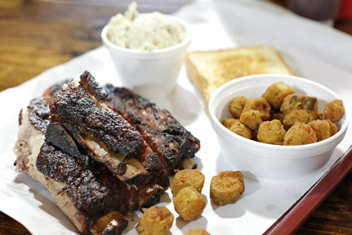 Ribs and okra from Smokin’ Joe’s Rib Ranch in Davis Oklahoma