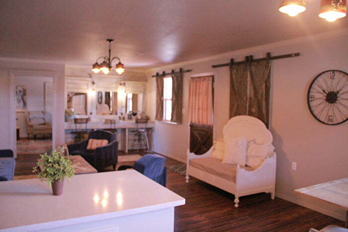 Modern farmhouse living room at Stables at Washita Farms wedding venue in Ardmore Oklahoma