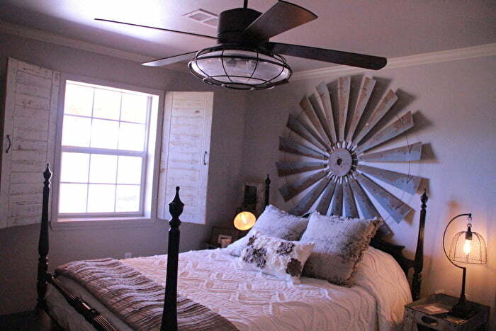 Modern farmhouse bedroom at the Stables at Washita Farms wedding venue in Ardmore Oklahoma