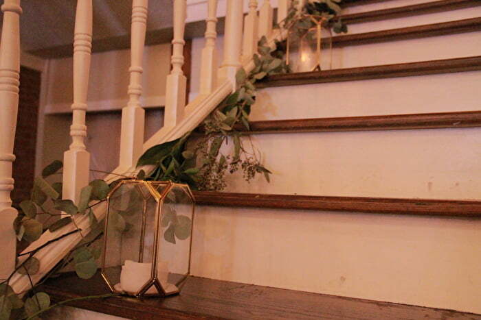 Stairs decorated for wedding at the Grand Canadian Theatre in Purcell Oklahoma