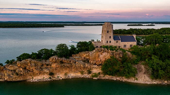 Aerial photo of Tucker Tower and Lake Murray in Oklahoma