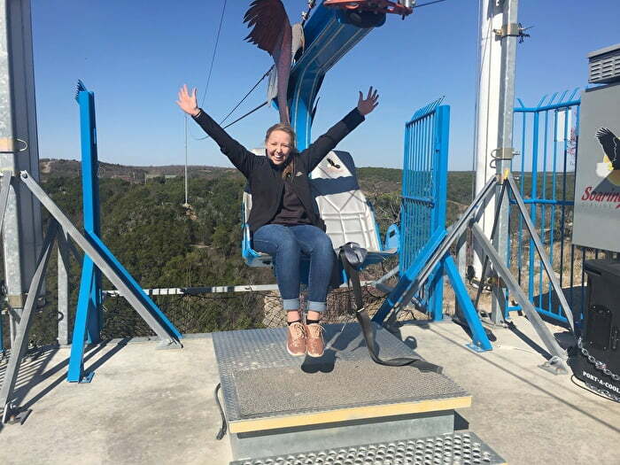 Girl on Soaring Eagle zip line at Zip 777 in Davis Oklahoma